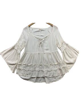Hollister Womens Boho Peasant Top Bell Sleeve Lace Trim Size S Cream Lightweight